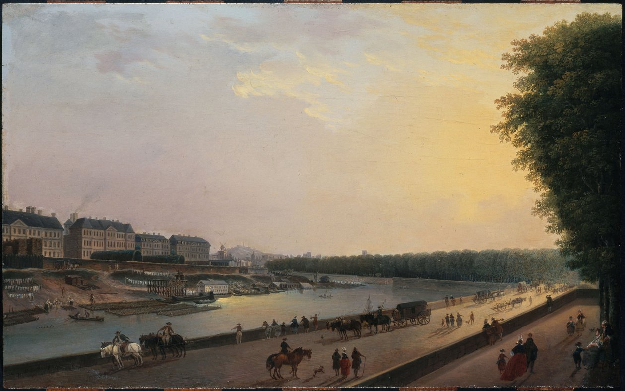Sekwana przy Grenouillère, widok z tarasu nad wodą w Tuileries, ok. 1777 r. (olej na drewnie) autorstwa Pierre Antoine Demachy