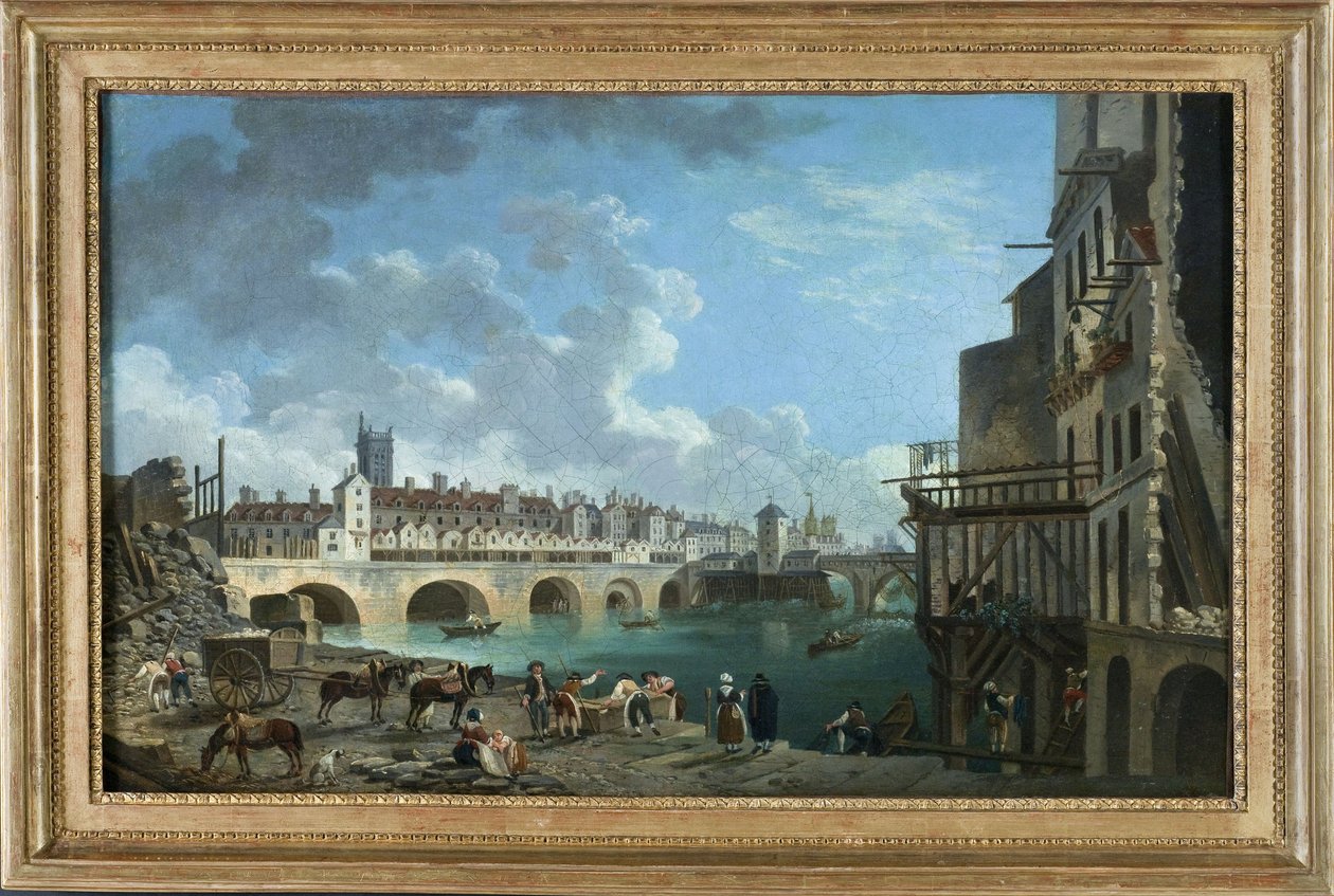 Widok na Quai de Gesvres w czasie wyburzania domów przy Pont au Change, około 1788 r. (olej) autorstwa Pierre Antoine Demachy