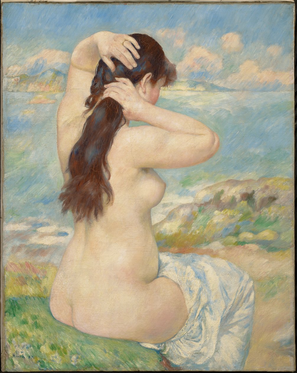 Kąpiąca się kobieta układająca włosy autorstwa Pierre-Auguste Renoir