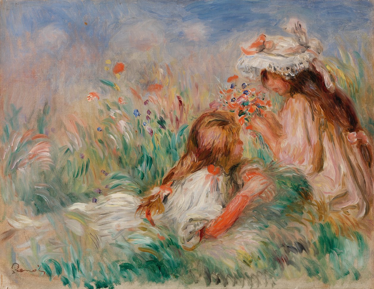 Dziewczęta w trawie układające bukiet autorstwa Pierre-Auguste Renoir
