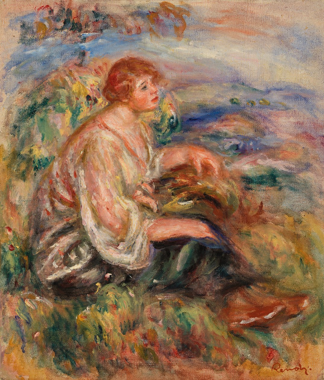 Kobieta w tiulowej bluzce i czarnej spódnicy autorstwa Pierre-Auguste Renoir