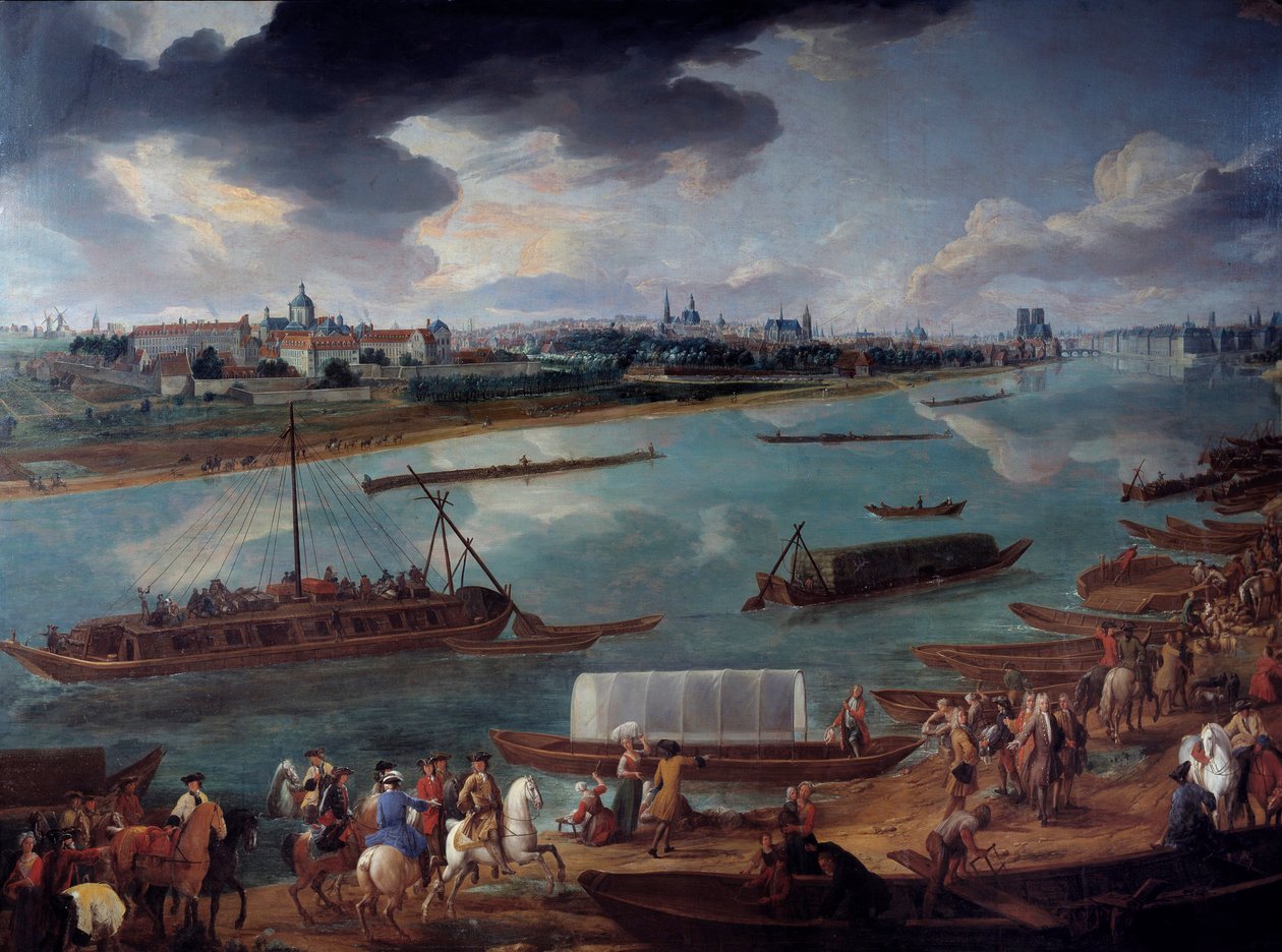 Widok na Paryż, zaczerpnięty z Quai de la Rapee w 1716 Szczegóły łodzi na Sekwanie. Obraz Pierre