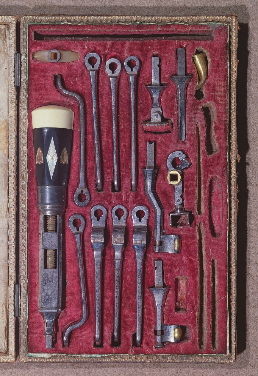Zestaw instrumentów stomatologicznych, pocz. XIX w. (metal i kość słoniowa) autorstwa Pierre Francois Grangeret