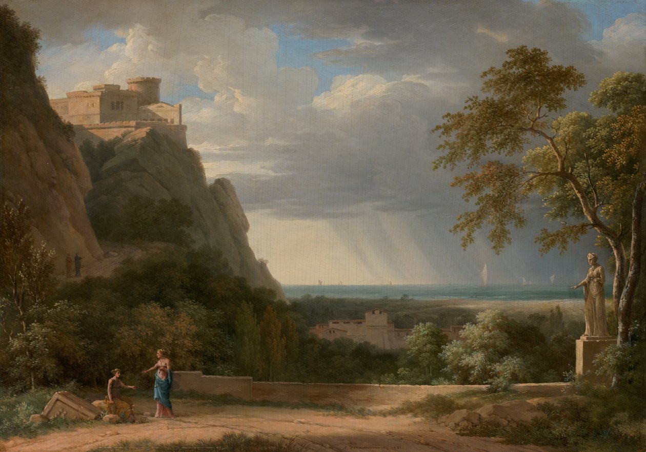 Klasyczny krajobraz z postaciami i rzeźbą autorstwa Pierre-Henri de Valenciennes