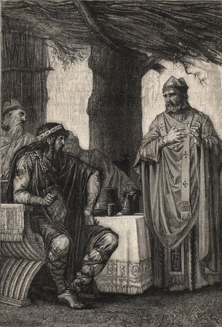 Święty Gregoire z Tours (538-594) (Grzegorz z Tours) przeciwstawiający się Chilperykowi I (539-584), królowi Franków z dynastii Merowingów - rycina autorstwa Pierre