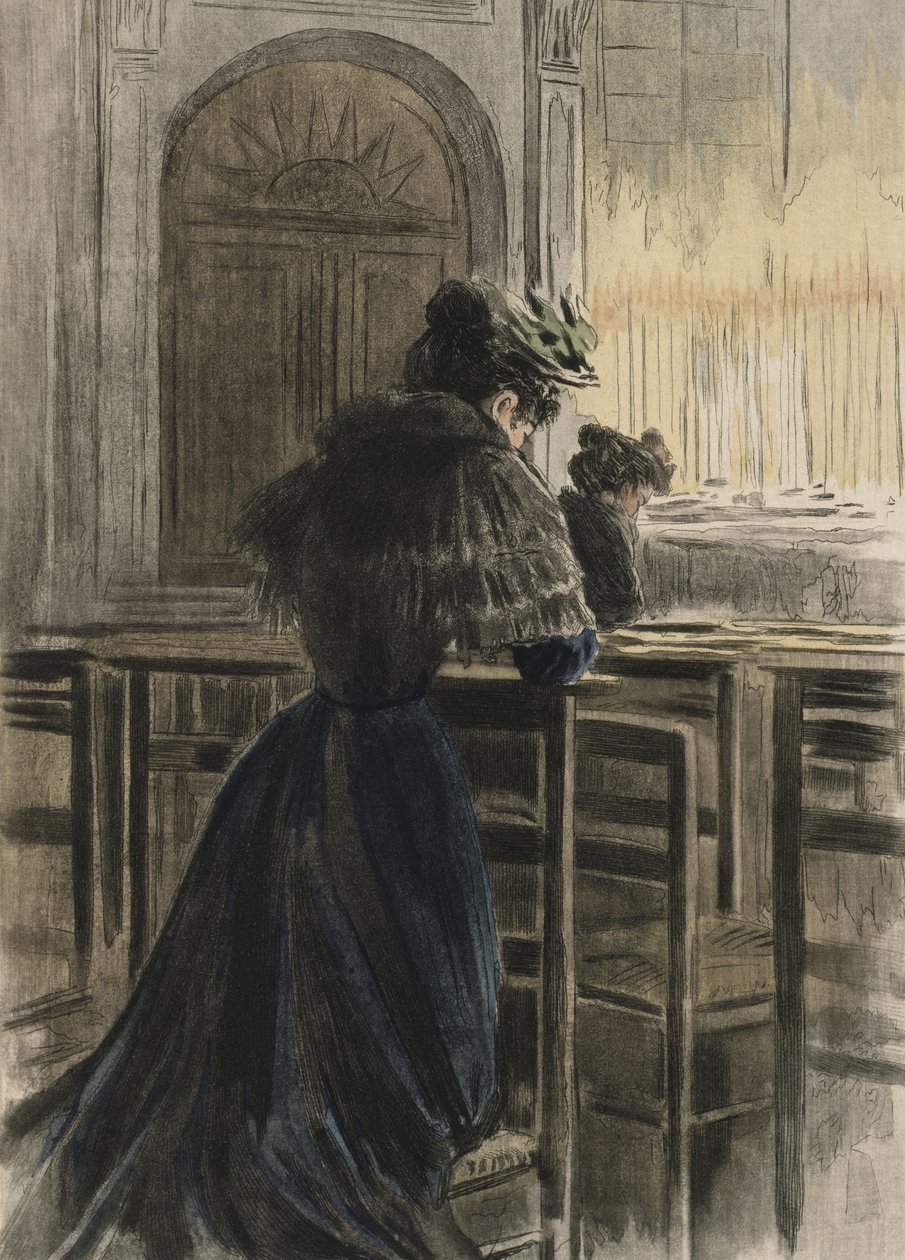 Nabożeństwa w kościele, ilustracja z „La Femme a Paris” Octave