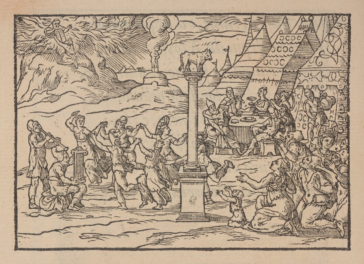 Adoracja Złotego Cielca, z Figure de la Biblia, ilustrują di stanze Tuscany, per Gabriele Simeoni autorstwa Pierre (attr. to) Eskrich