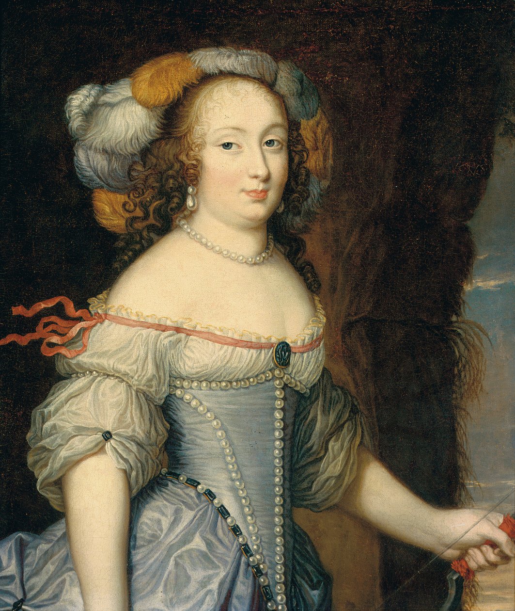 Portret Françoise Anthénais de Rochechouart de Mortemart, markizy de Montespan (1640-1707), połowy długości, jako Diany, w nakryciu głowy z piór i trzymającej w lewej ręce łuk (olej na płótnie) autorstwa Pierre (circle of) Mignard