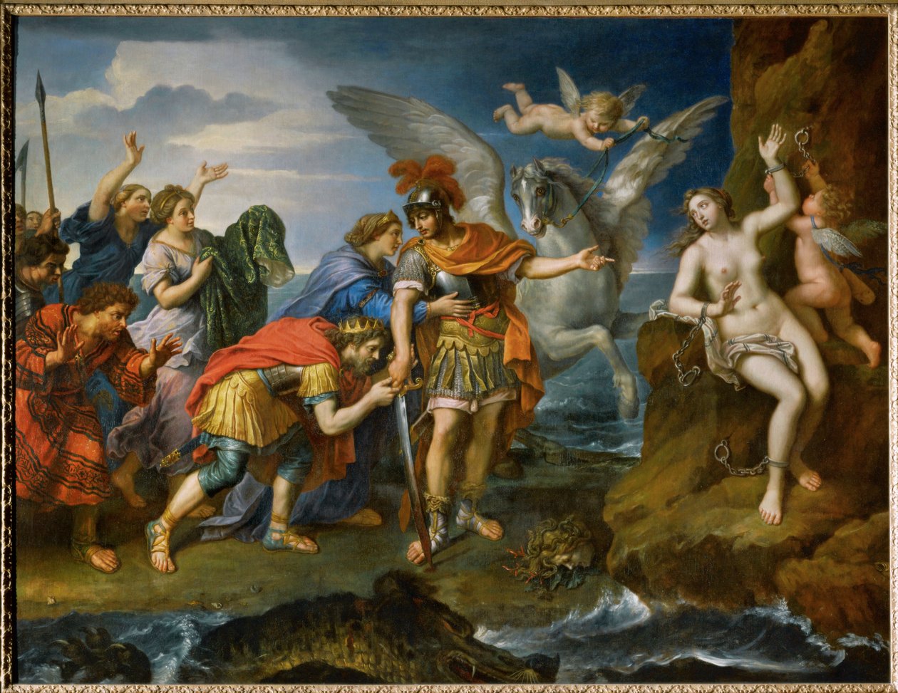 Królowa i król Etiopii dziękują Perseuszowi za uwolnienie ich córki Andromedy ... autorstwa Pierre (follower of) Mignard
