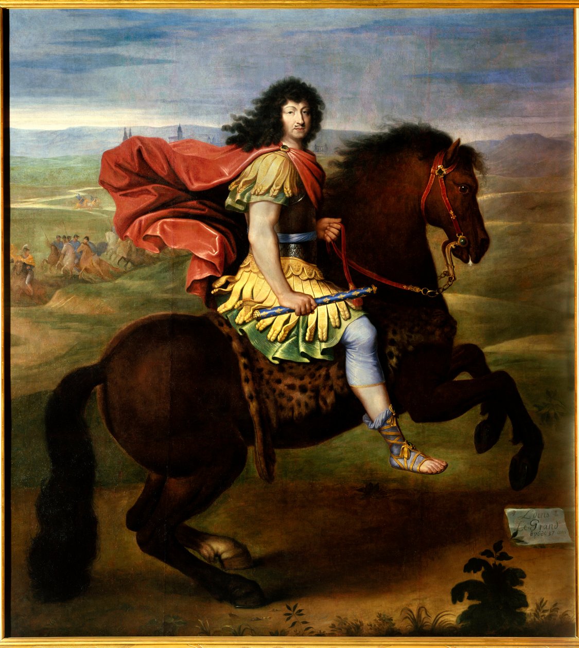 Portret konny Ludwika XIV (37 lat). Król Francji Ludwik XV, znany jako Le Bien Aime (1710-1774), przedstawia w zbroi, sandałach i trzyma niebieski kij z kwiatami lilii. Obraz warsztatu Pierre Mignard (1612-1695) autorstwa Pierre (studio of) Mignard
