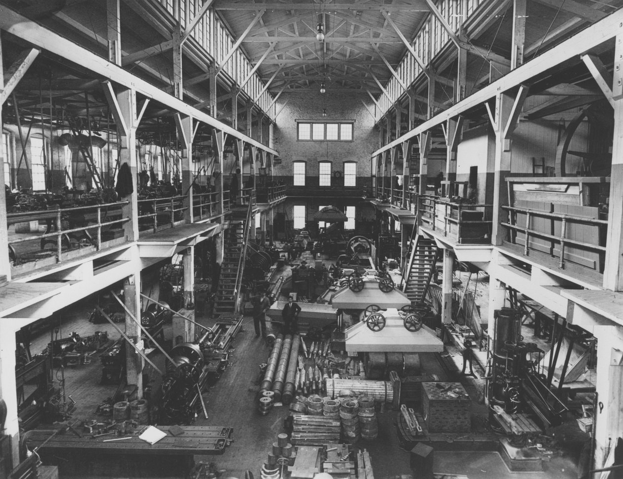 Widok wnętrza nowego warsztatu mechanicznego w Hagley Yard, 1905 autorstwa Pierre A. Gentieu