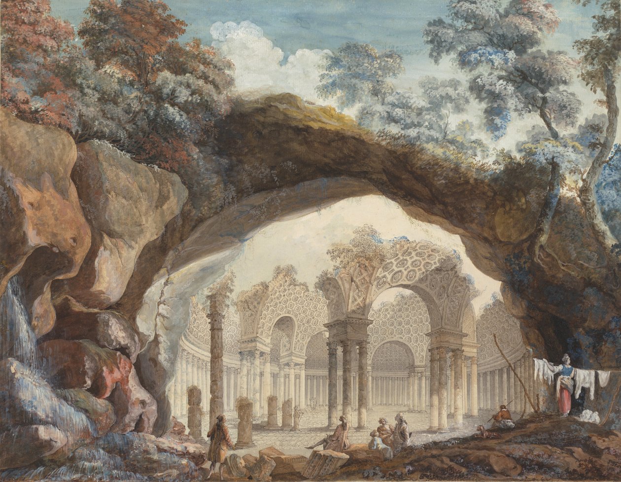 Fantazja architektoniczna: Ruiny okrągłej świątyni widziane przez naturalny łuk autorstwa Pierre Adrien Paris