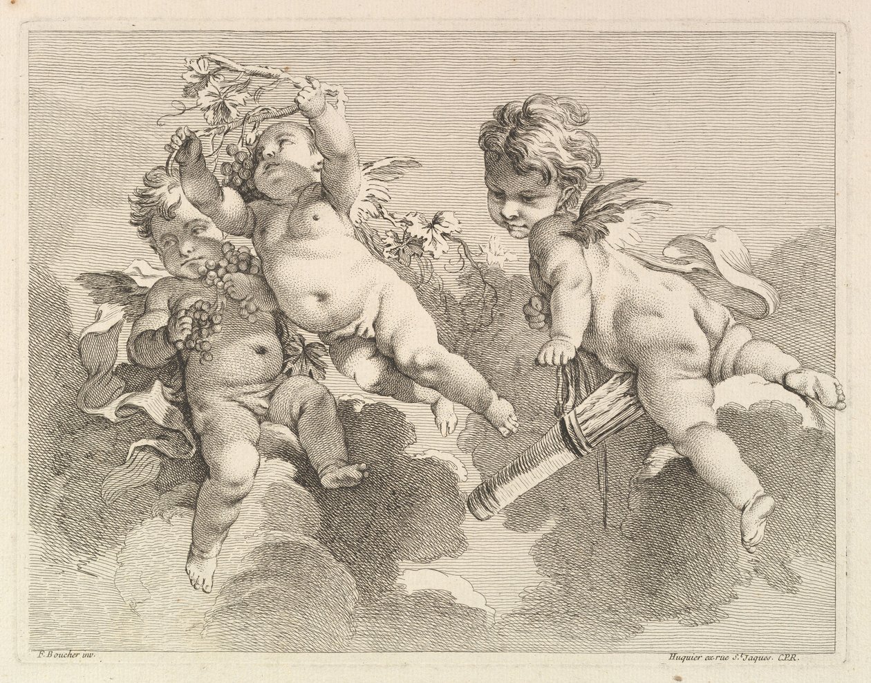 Trzy miłości, jedna trzyma kołczan, druga, winogrona, 1727-60. autorstwa Pierre Alexandre Aveline