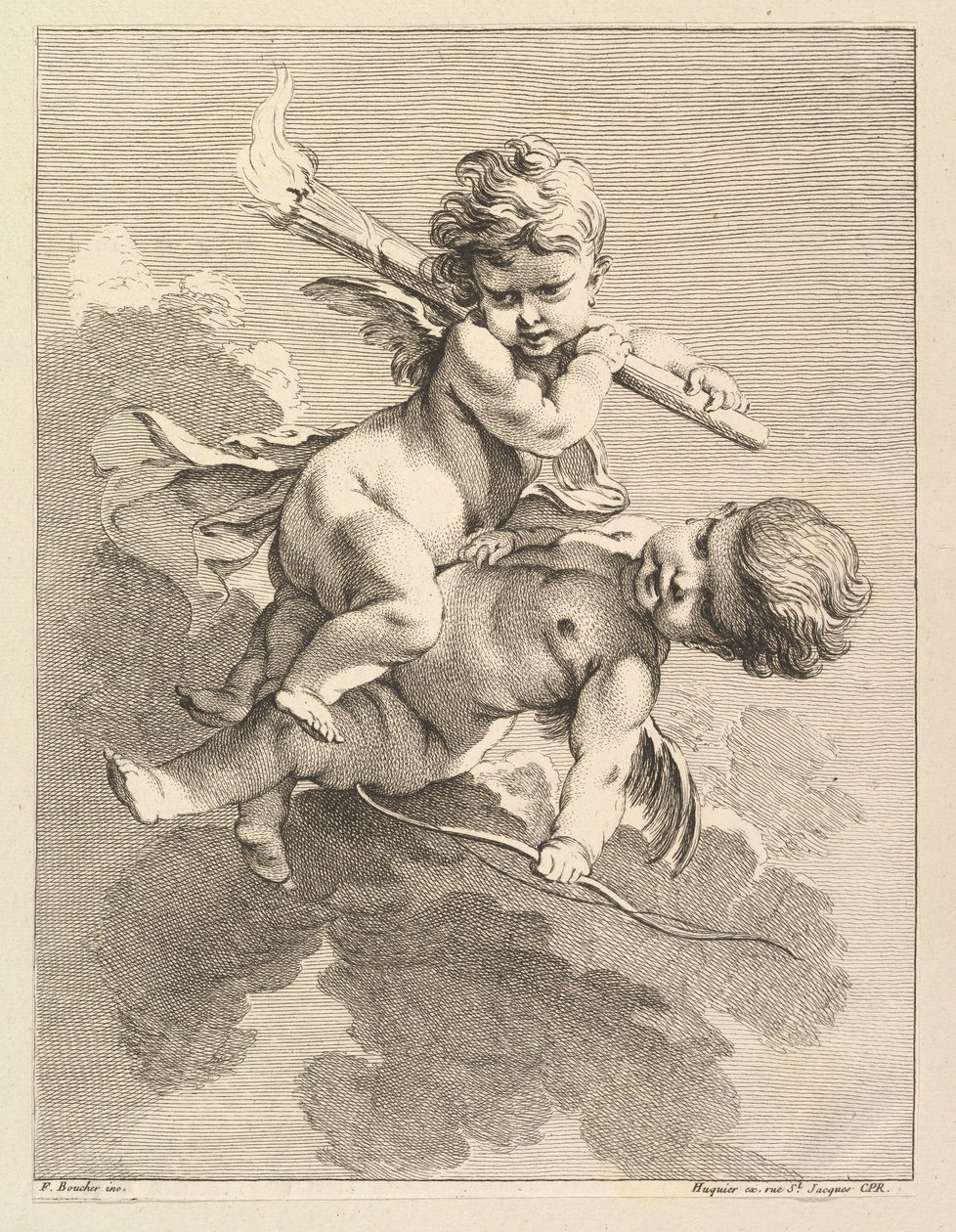 Dwa amorki, jeden niosący pochodnię, drugi łuk, 1727-60. autorstwa Pierre Alexandre Aveline