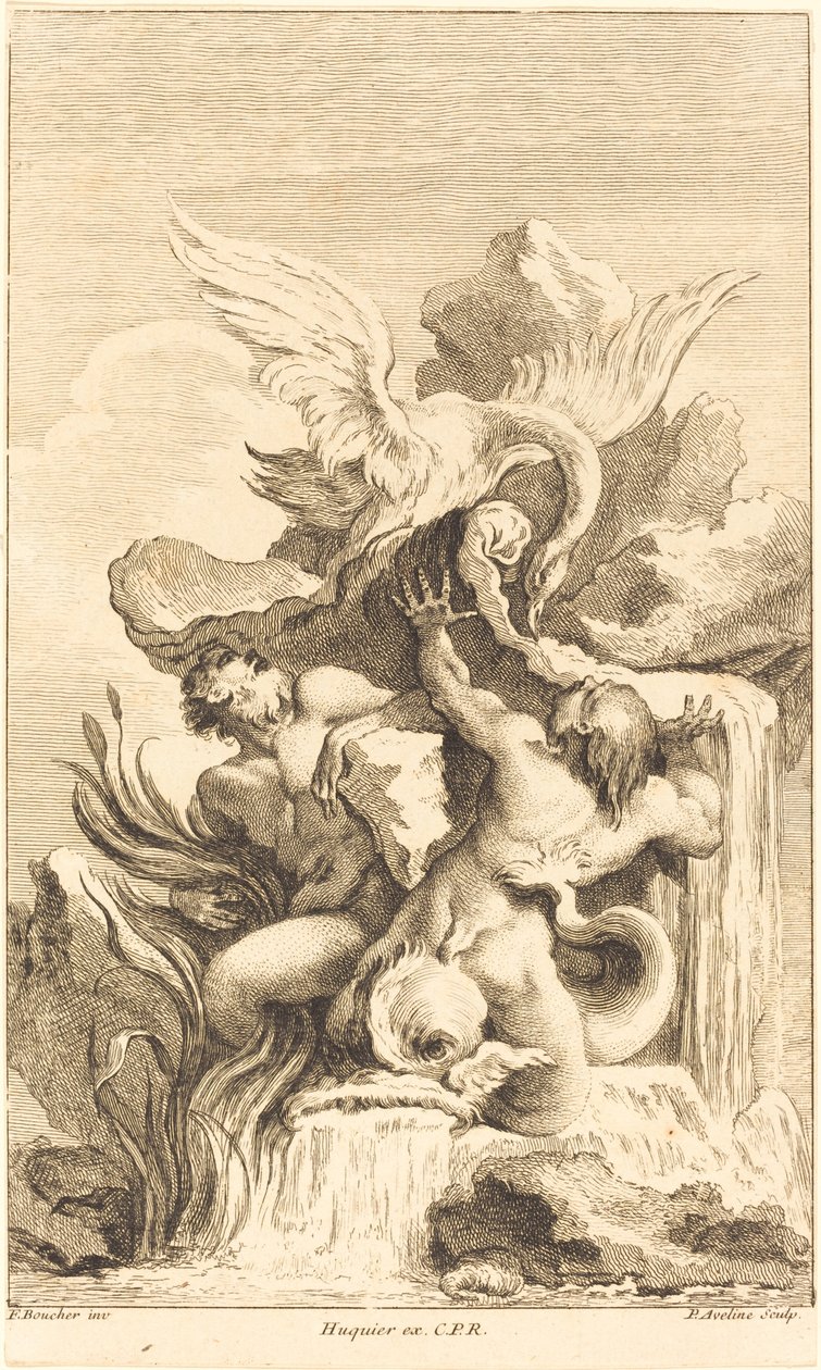 Dwa trytony i łabędź w roku 1736 lub później. autorstwa Pierre Alexandre Aveline