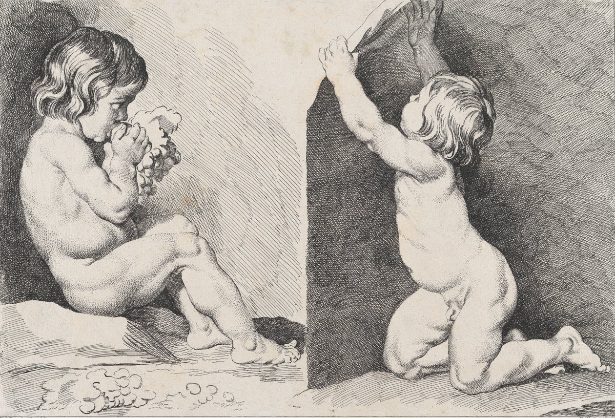 Dwoje nagich dzieci jedzących winogrona, z New Book of Children, 1720-60. autorstwa Pierre Alexandre Aveline