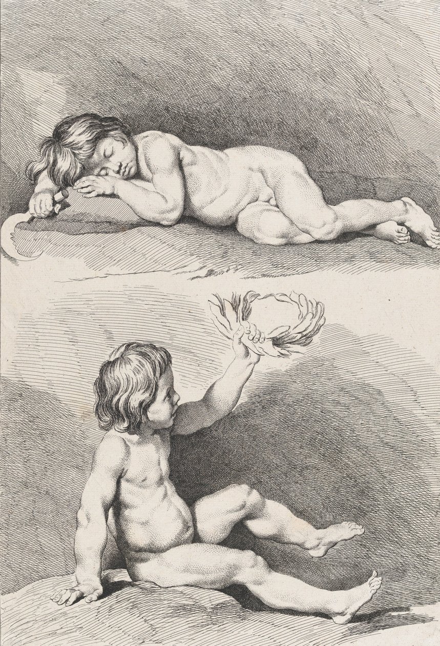 Dwoje nagich dzieci, jedno śpiące, drugie trzymające wieniec, z New Book of Childr..., 1720-60. autorstwa Pierre Alexandre Aveline