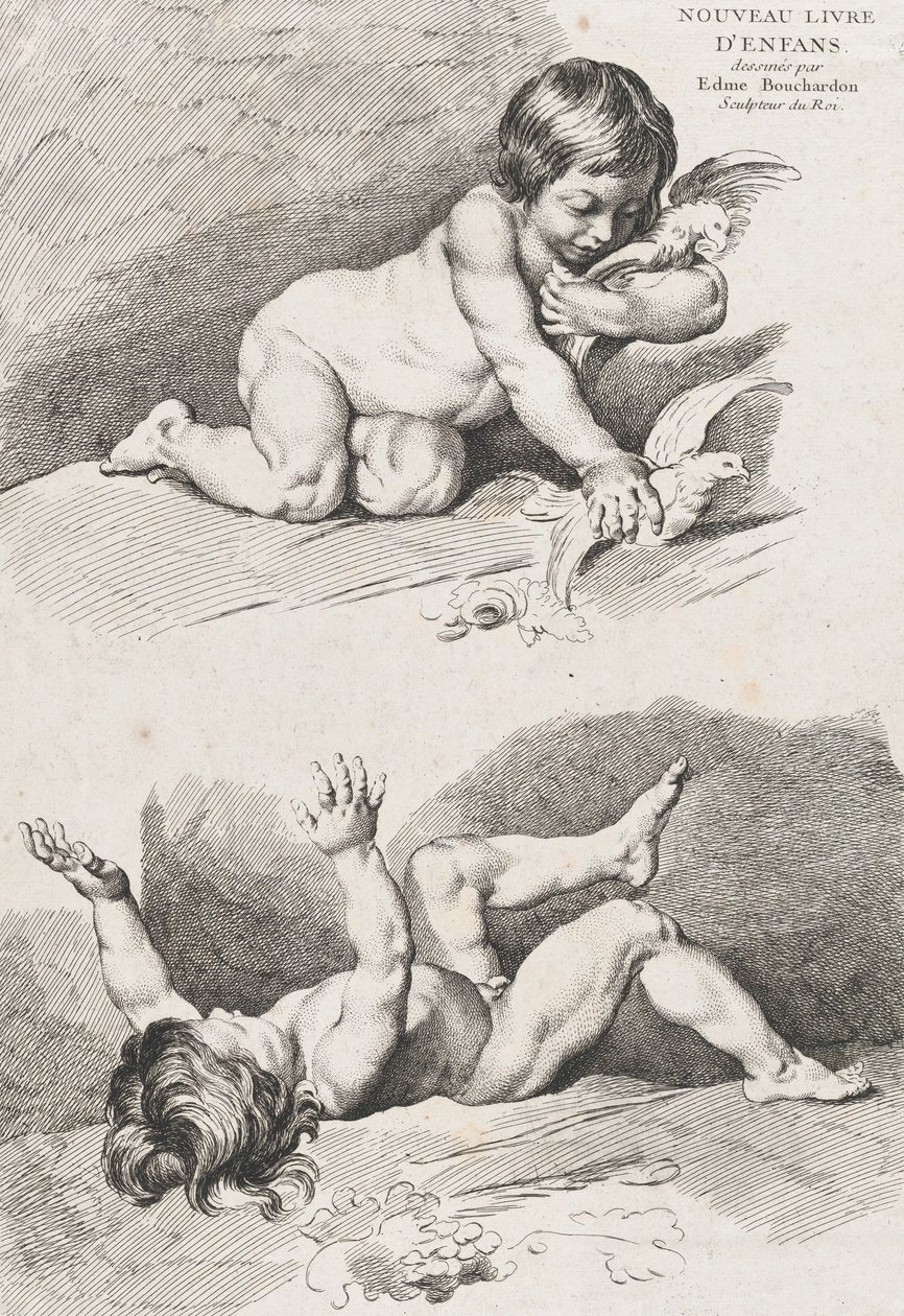 Dwoje nagich dzieci bawiących się liściem, z Nowej Księgi Dzieci, 1720-60. autorstwa Pierre Alexandre Aveline