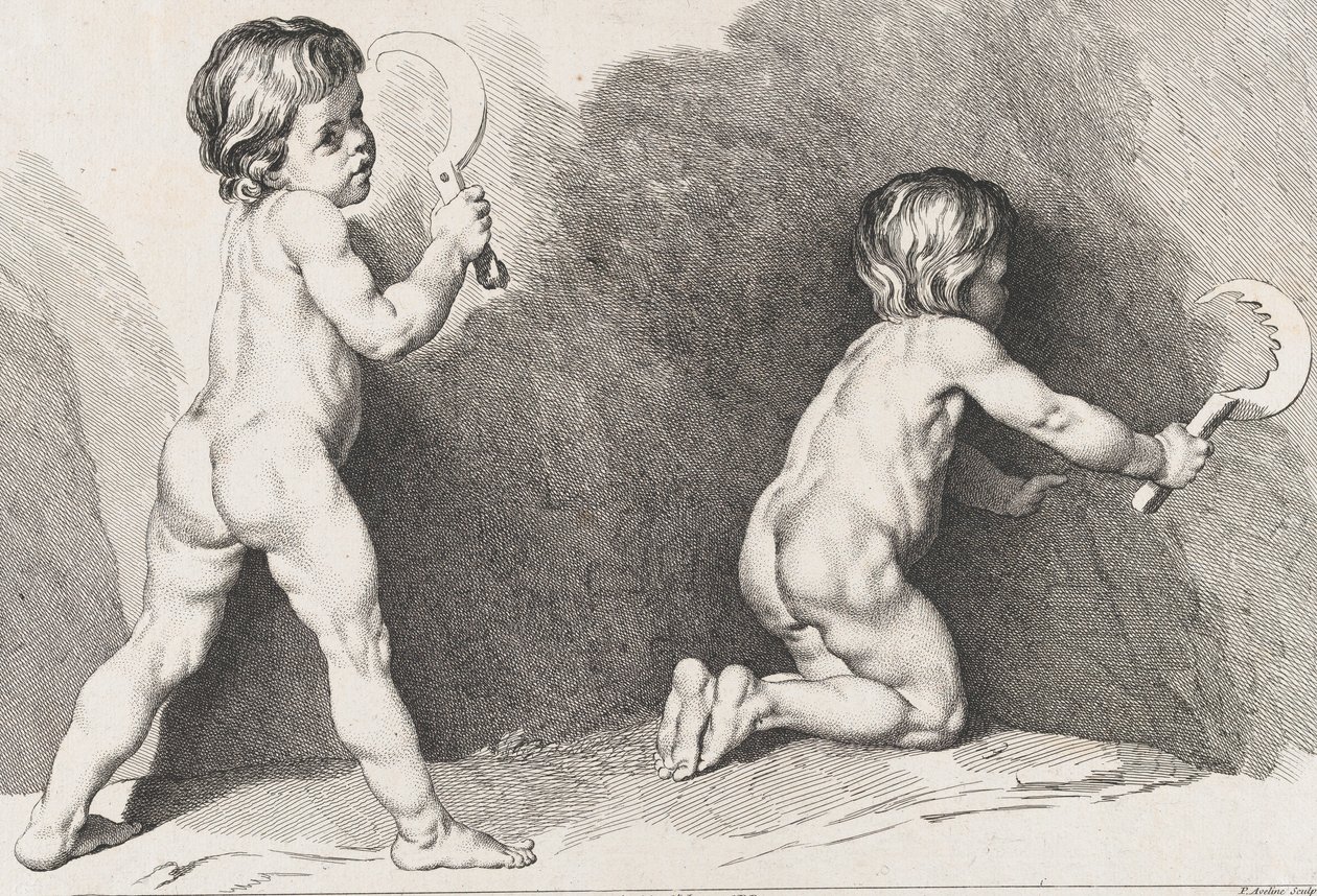 Dwoje nagich dzieci stojących, z Nowej Księgi Dzieci, 1720-60. autorstwa Pierre Alexandre Aveline