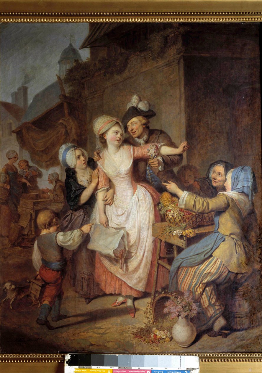 Uwodzenie Mężczyzna uwodzi młodą kobietę, oferując jej bukiet kwiatów, inna kobieta zdaje się ją ostrzegać. Obraz Pierre-Alexandre Wille dit Wille Fils (1748-1821). 1778. Paryż, Muzeum Sztuki Dekoracyjnej autorstwa Pierre Alexandre Wille