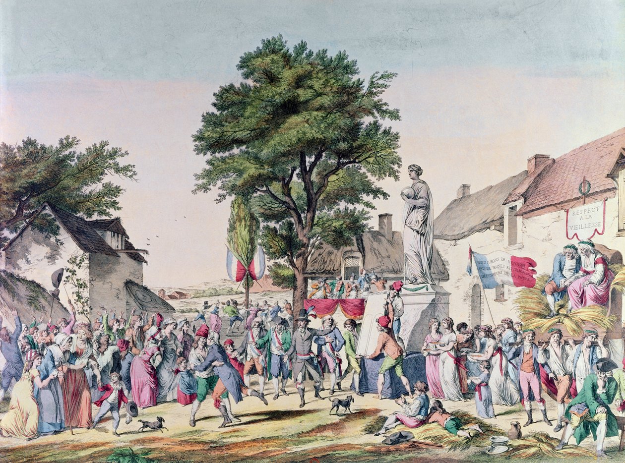 Wiejski festiwal ku czci starości w czasie rewolucji francuskiej, 1795 (rycina kolorowa) autorstwa Pierre Alexandre Wille