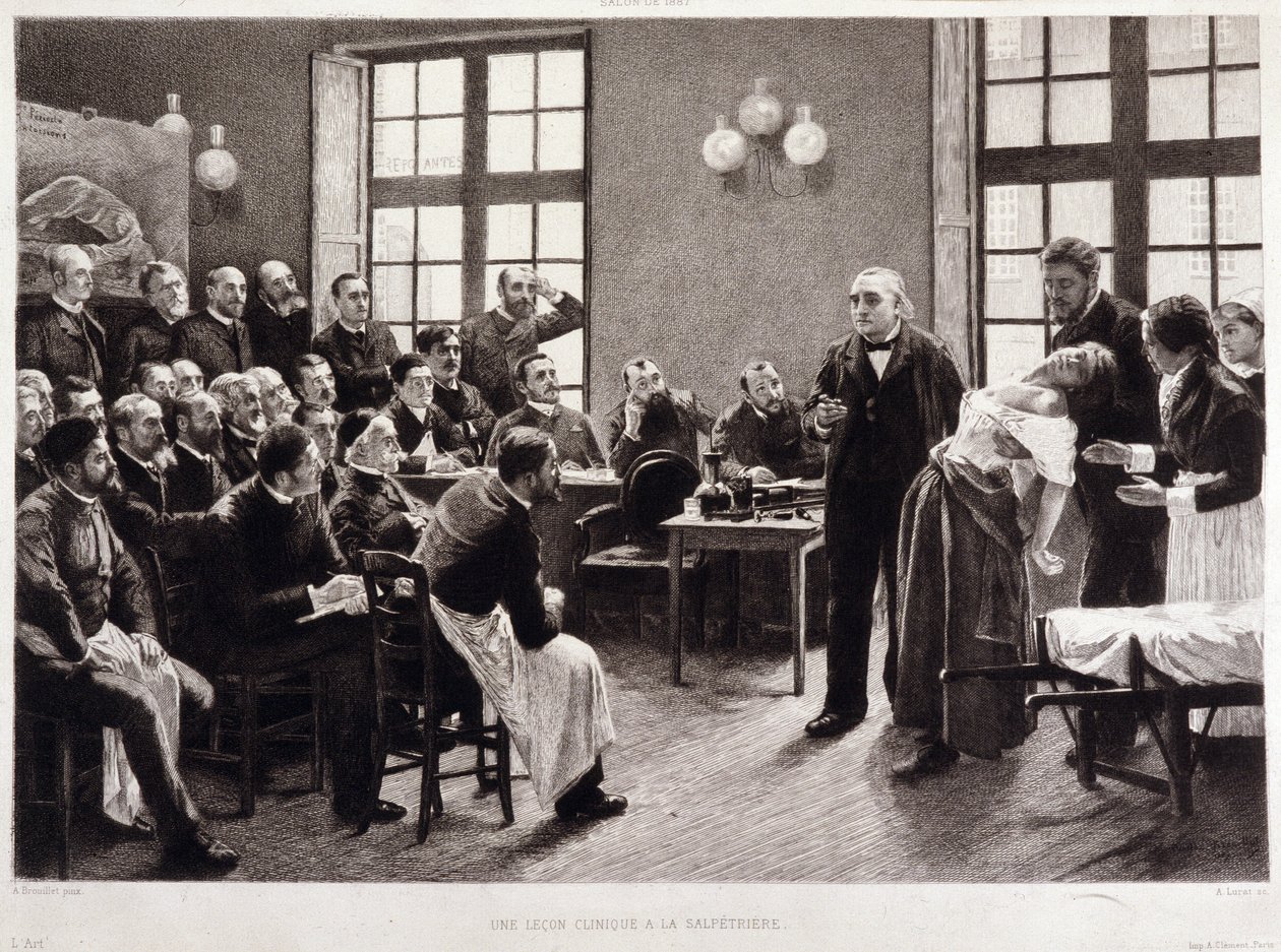 Wykład kliniczny dr Charcota w Salpettière w 1887 r. Studenci z wydziału profesora Jeana Martina Charcota, który wyjaśnia przypadek Blanche Wittman, jego pacjentki i świnki morskiej, wolą jej badania nad histerią. Był asystentem Jo autorstwa Pierre Andre (after) Brouillet