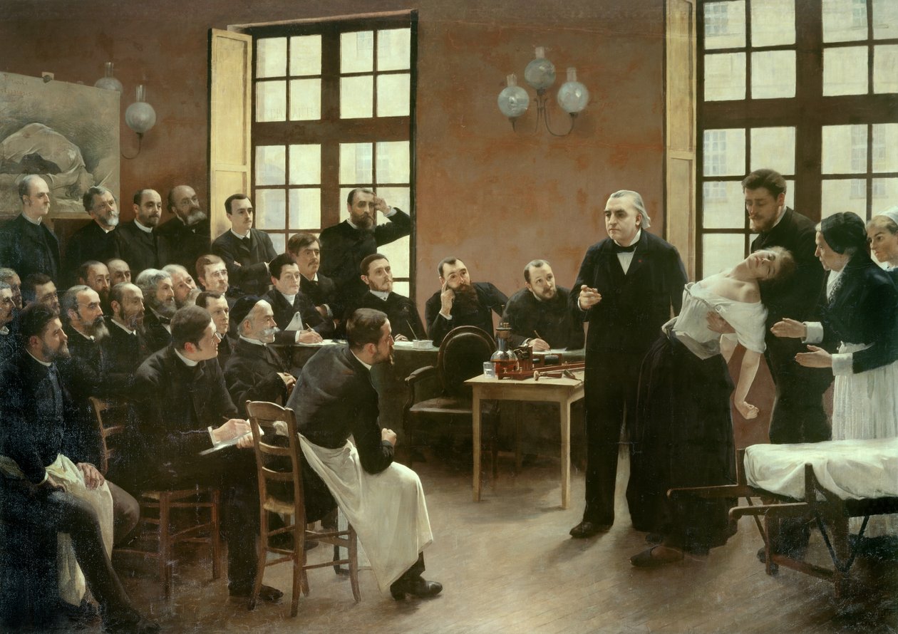 Wykład kliniczny dr Charcota w Salpetriere w 1887 r. Studenci wydziału profesora Jeana Martina Charcota (1825-1893), który wyjaśnia przypadek Blanche Wittman, jego pacjentki i świnki morskiej, wolą jej badania nad histerią. Był asem autorstwa Pierre Andre Brouillet