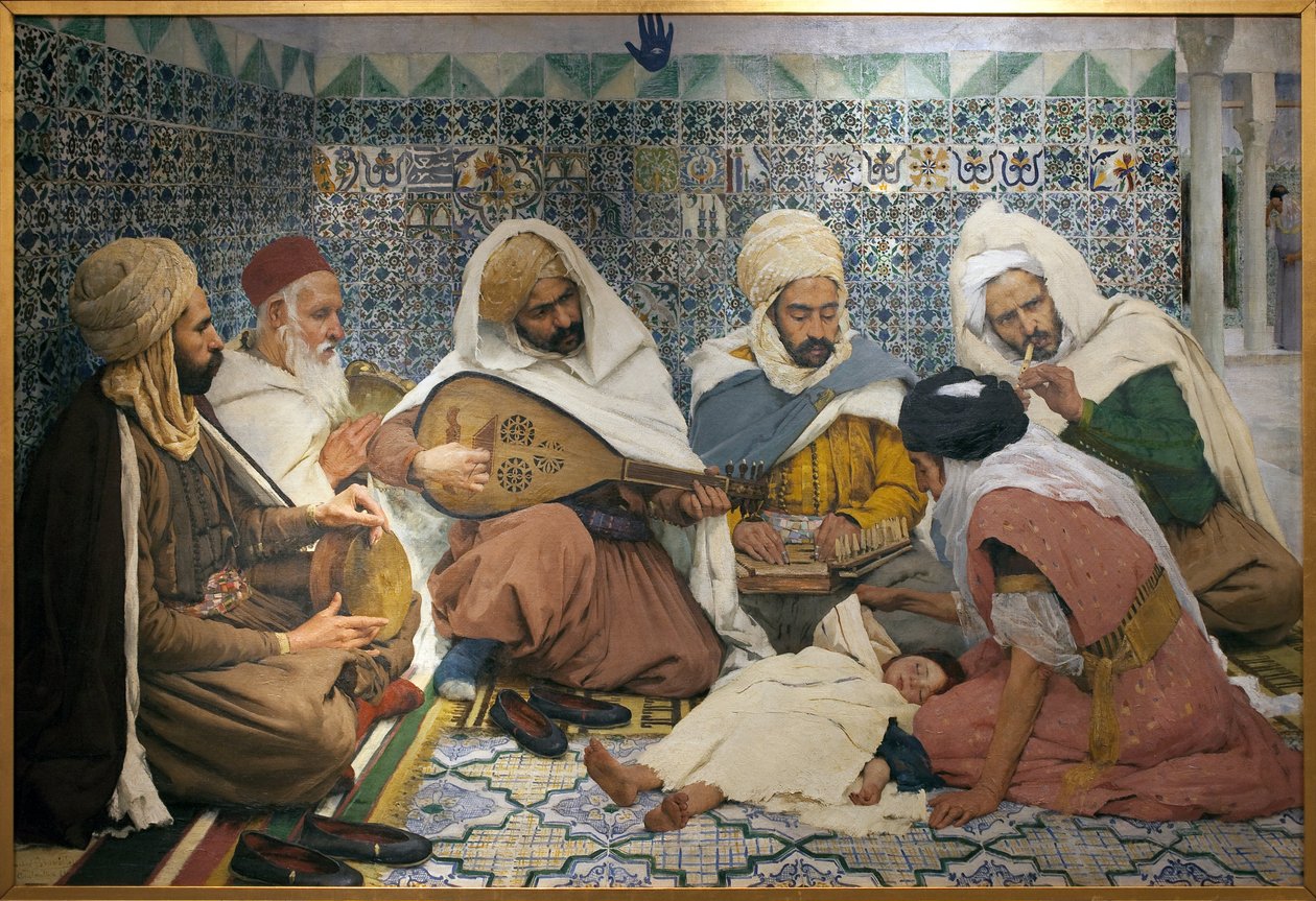 Egzorcyzmy: arabscy muzycy wypędzający dżiny z ciała dziecka. Obraz Andre Brouilleta (1857-1914), olej na płótnie autorstwa Pierre Andre Brouillet