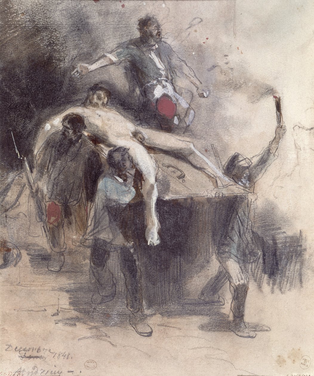 Mężczyźni wynoszący zwłoki, 23 lutego 1848 (gwasz) autorstwa Pierre Andrieu