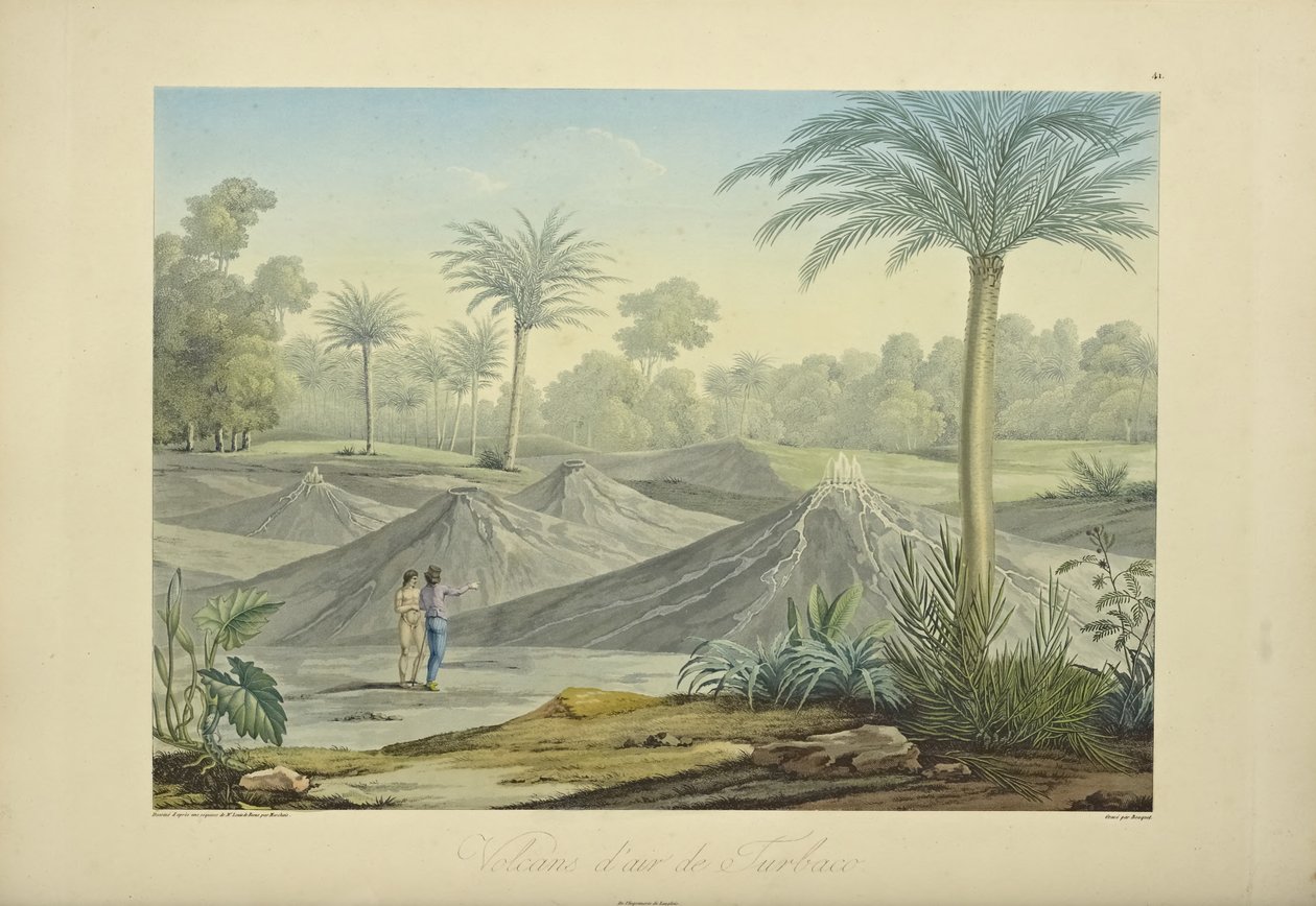 Air Volcanoes of Turbaco, grawerowane przez Bouquet, ilustracja z „Widoki kordylierów i pomników rdzennych ludów Ameryki” autorstwa Alexandra von Humboldta i Aime Bonplanda autorstwa Pierre Antoine (after) Marchais
