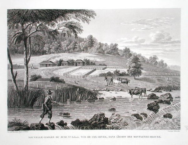 Nowa Południowa Walia, Nowa Holandia: Widok rzeki Cox w zachodniej części Gór Błękitnych, z "Voyage Autour du Monde (1817-20)", autorstwa Louis Claude Desaulses de Freycinet (1779-1842) rytowany przez Schroedera, wydany 1822-24 (litho) autorstwa Pierre Antoine (after) Marchais