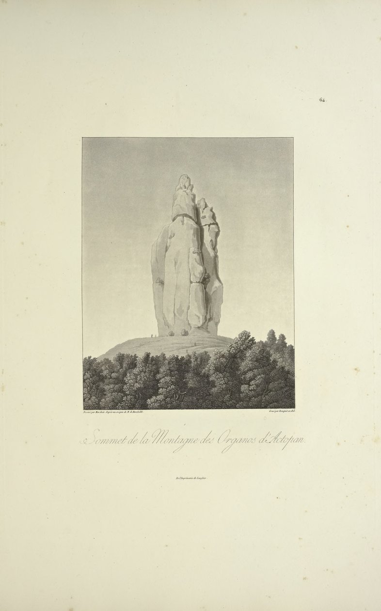Szczyt Góry Organos, Actopan, rytowany przez Bouquet, ilustracja z „Widoki Kordylierów i pomników rdzennych ludów Ameryki” autorstwa Alexandra von Humboldta i Aime Bonplanda autorstwa Pierre Antoine (after) Marchais
