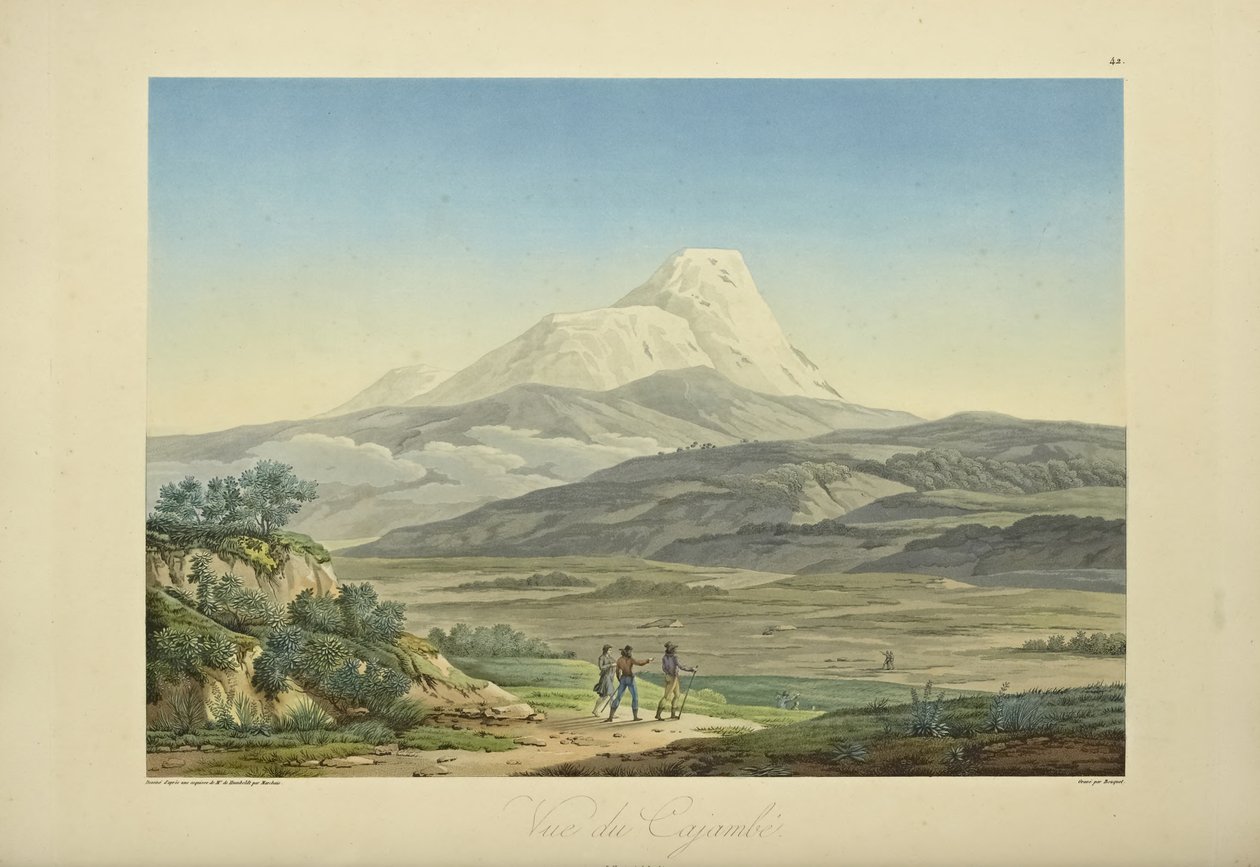 Widok Cajambe, wygrawerowany przez Bouquet, ilustracja z „Widoki Kordylierów i pomników rdzennych ludów Ameryki” autorstwa Alexandra von Humboldta i Aime Bonpland autorstwa Pierre Antoine (after) Marchais