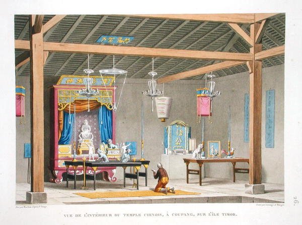Widok wnętrza chińskiej świątyni w Kupang na wyspie Timor z „Voyage autour du Monde (1817-20)”, autorstwa Louisa Claude