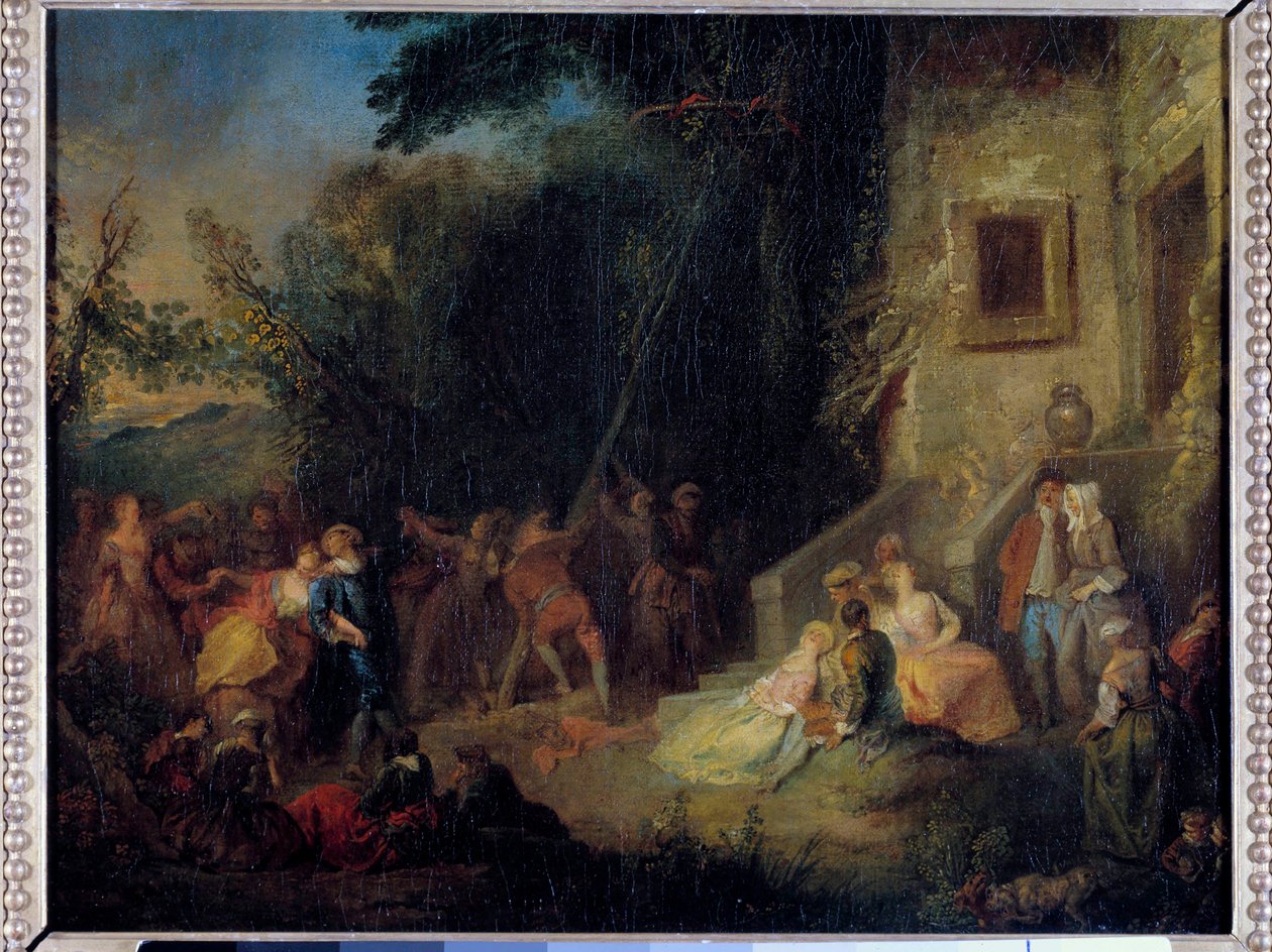 Majowe sadzenie tradycyjnego festynu polegającego na sadzeniu drzewa w maju. Obraz przypisywany Pierre-Antoine Quillard (ok. 1701-1733) XVIII wiek. Słońce 0,37x0,45 m autorstwa Pierre Antoine (attr. to) Quillard