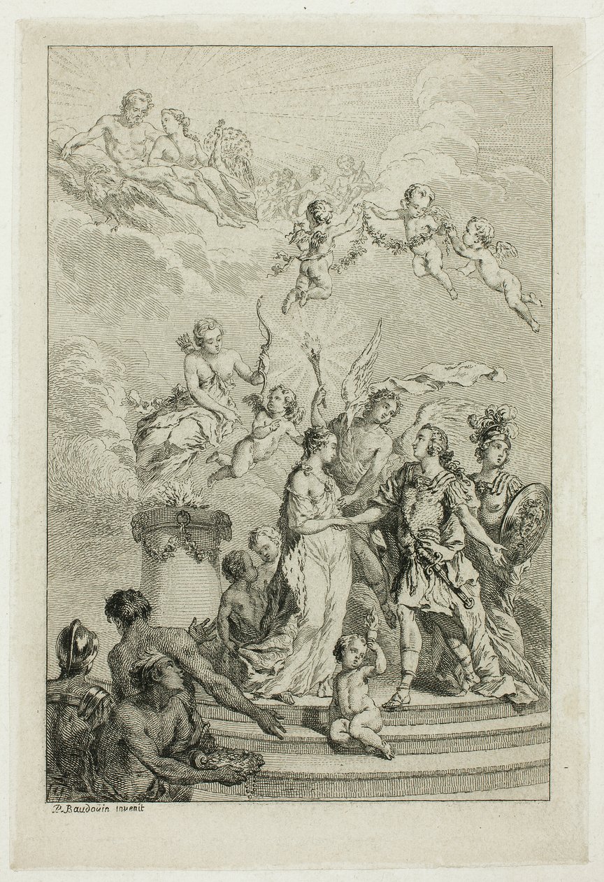 Alegoria zaślubin Ludwika Delfina z infantką Marią Teresą z Hiszpanii autorstwa Pierre Antoine Baudouin