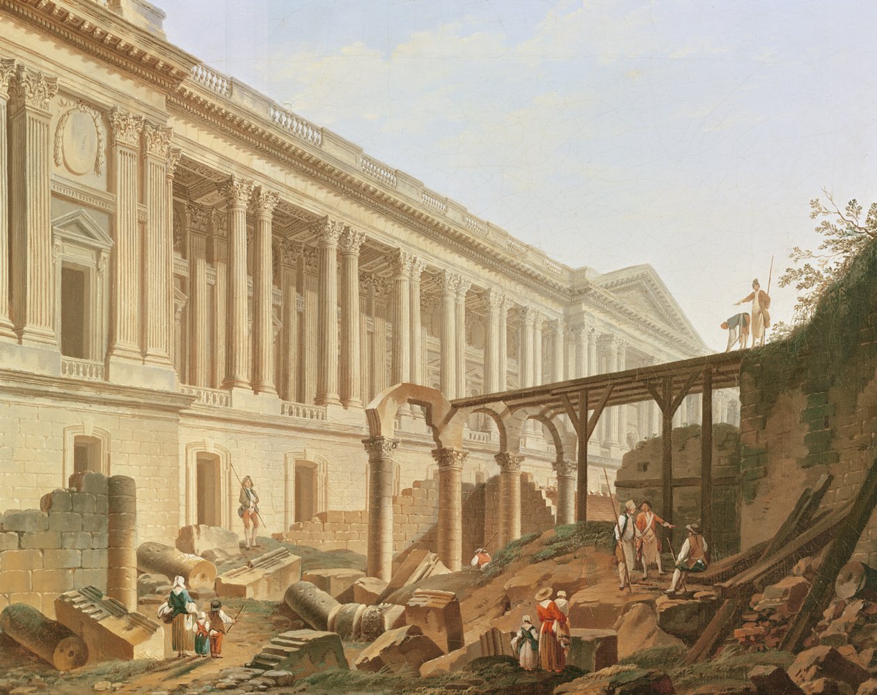 Rozbiórka Hotelu de Bourbon i oczyszczenie Kolumnady Luwru, ok. 1764 r. autorstwa Pierre Antoine Demachy