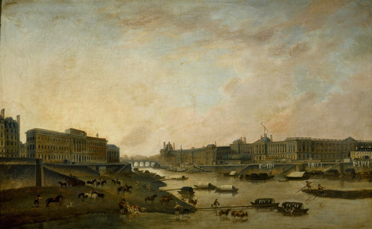 Hôtel de la Monnaie i Luwr, widziane z mostu Pont-Neuf, ok. 1930 r. 1800. autorstwa Pierre Antoine Demachy