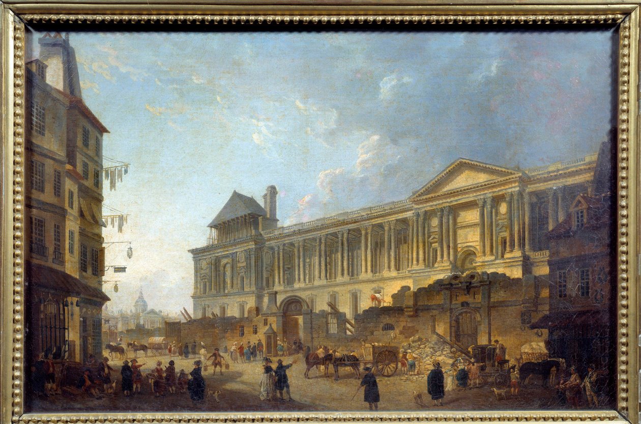 Widok na kolumnadę sceny Luwru z placem budowy przed Palais du Louvre. Obraz Pierre