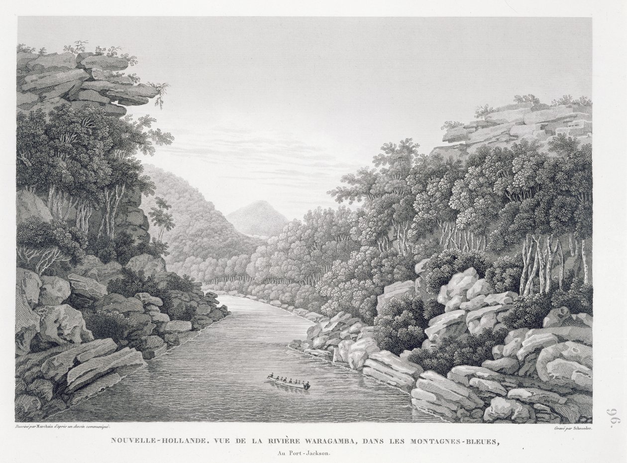 Nowa Holandia: Widok na rzekę Warragamba w Górach Błękitnych, z „Voyage Autour du Monde (1817-20)”, Louis Claude De Saulces de Freycinet (1779-1842) rytowany przez Schroedera, opublikowany 1822-24 (li autorstwa Pierre Antoine Marchais