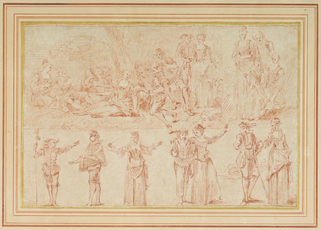 Dwa galantes fetes i studia pojedynczych postaci i par (czerwona kreda na papierze) autorstwa Pierre Antoine Quillard