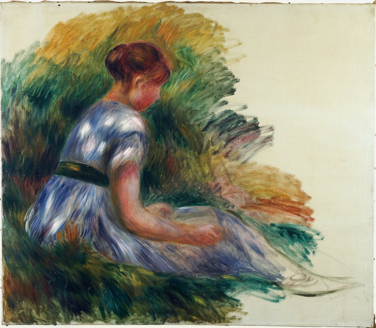 Alicja Gamby w ogrodzie, Młoda dziewczyna siedząca na trawie, 1891 autorstwa Pierre Auguste Renoir
