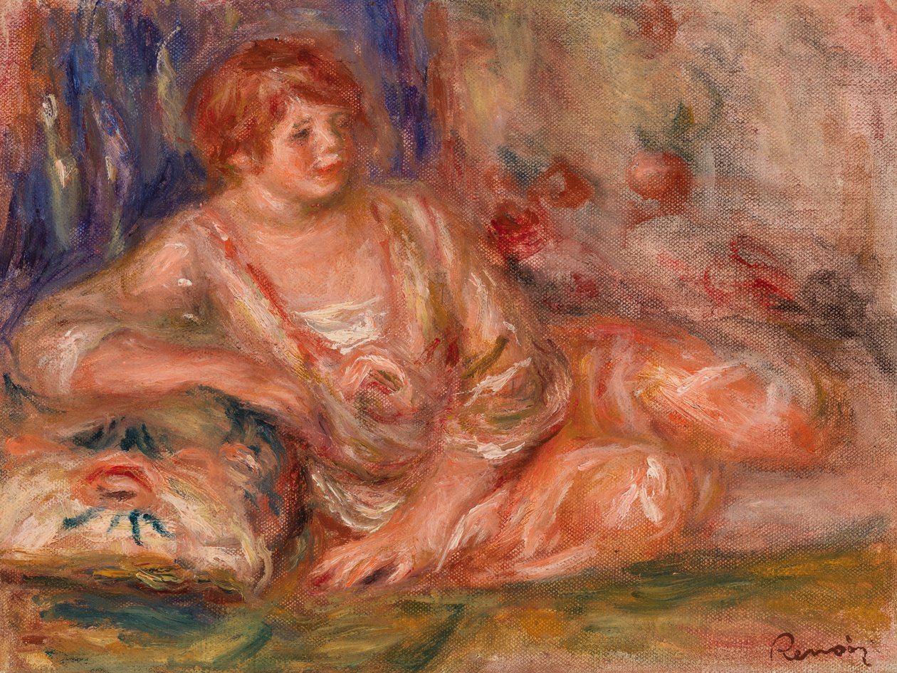 Andrée w kolorze różowym, leżąca autorstwa Pierre Auguste Renoir