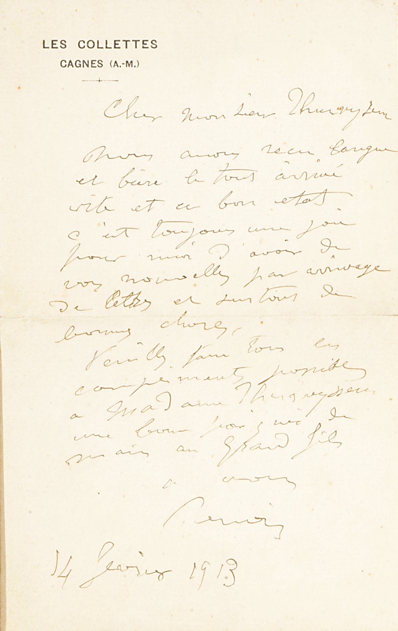 List z autografem podpisany do dr. Fritza Thurneyssena, Paryż i Les Collettes, 24 czerwca 1908 r. autorstwa Pierre Auguste Renoir
