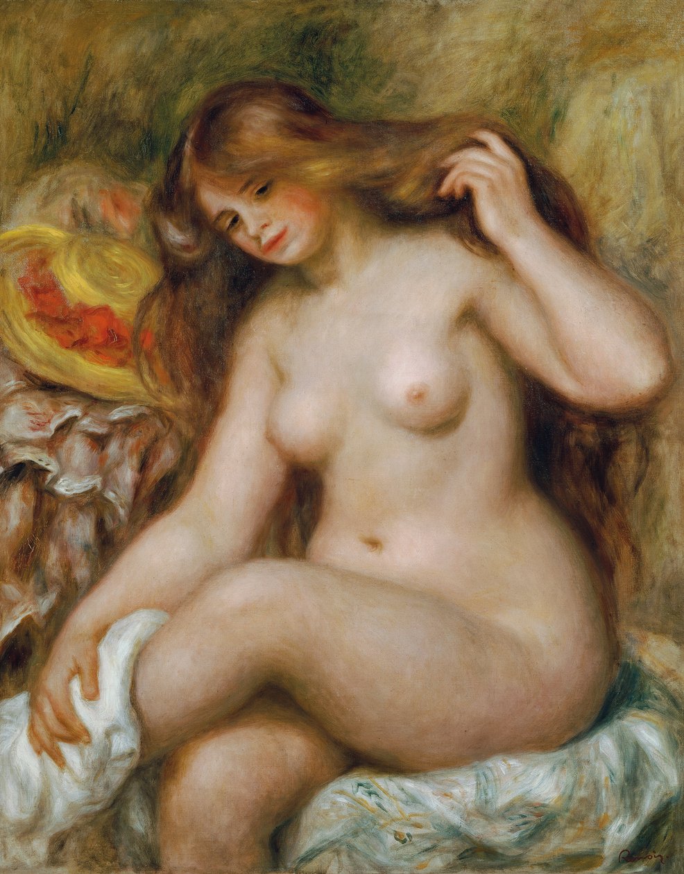 Kąpiących się z blond, rozpuszczonymi włosami autorstwa Pierre Auguste Renoir