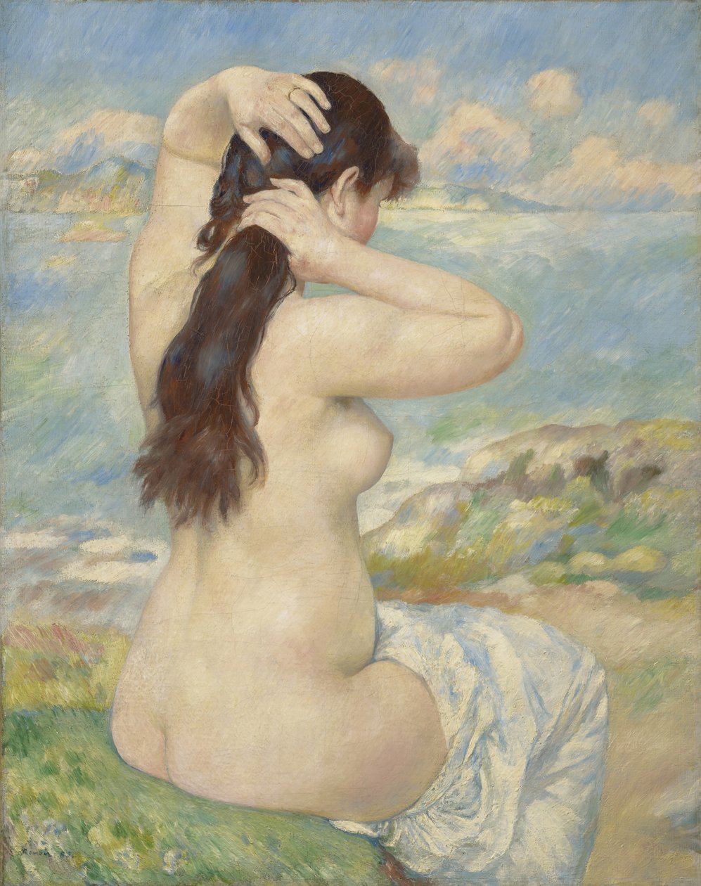Kąpiąca się układa włosy, 1885 autorstwa Pierre Auguste Renoir