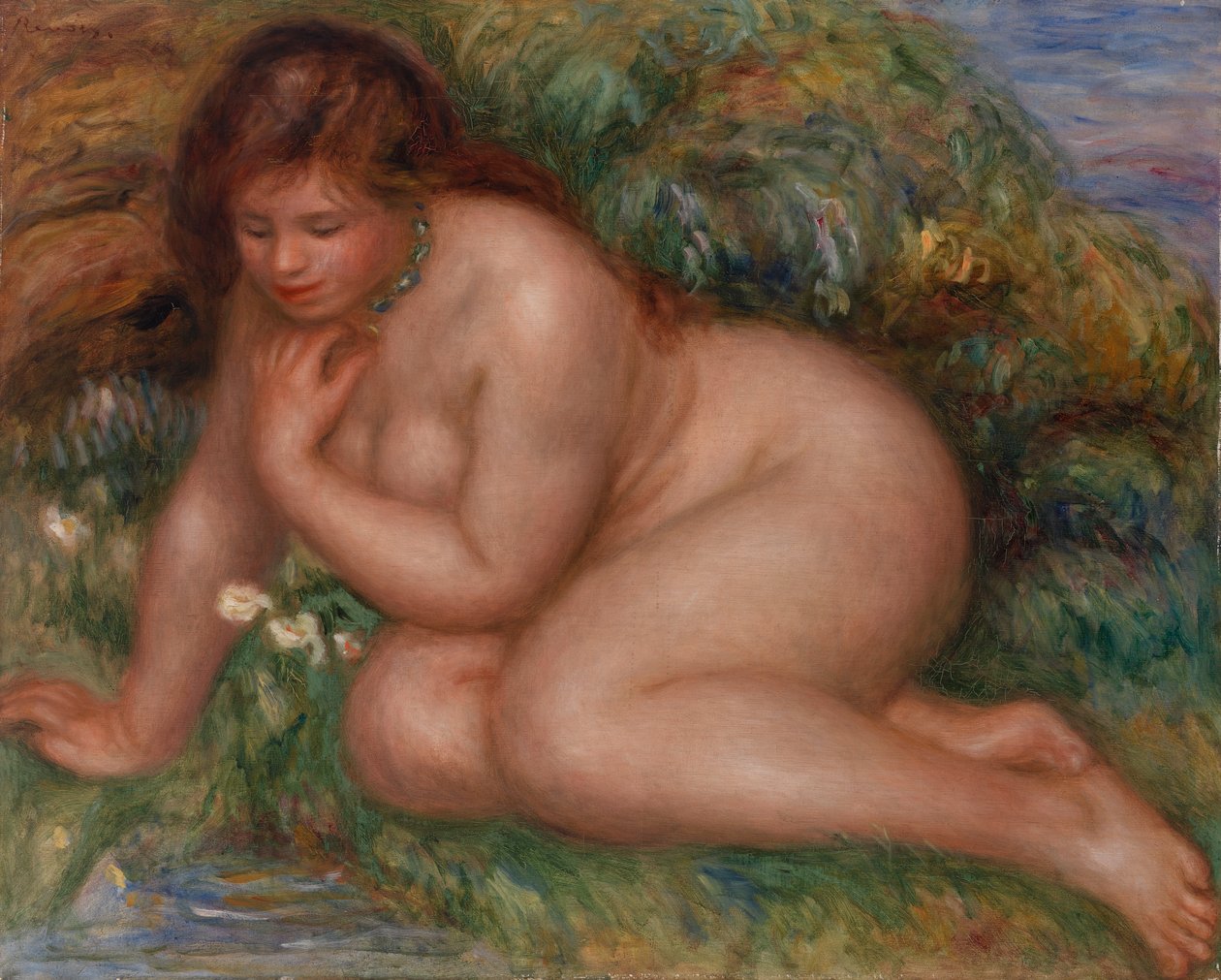 Kąpiący się patrzący na siebie w wodzie autorstwa Pierre Auguste Renoir