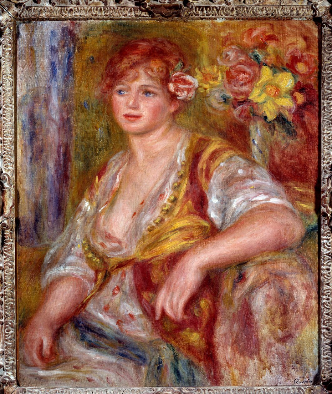 Blondynka ma różę. Portret Andree Madeleine Heuschling (1900-1979) o pseudonimie „Dedee”, komiczki znanej jako Catherine Hessling (wyszła za Jeana Renoira w 1920 r.). Obraz Pierre Auguste Renoir (1841-1919), ok. 1915. Olej na płótnie. Francuski Impresso autorstwa Pierre Auguste Renoir