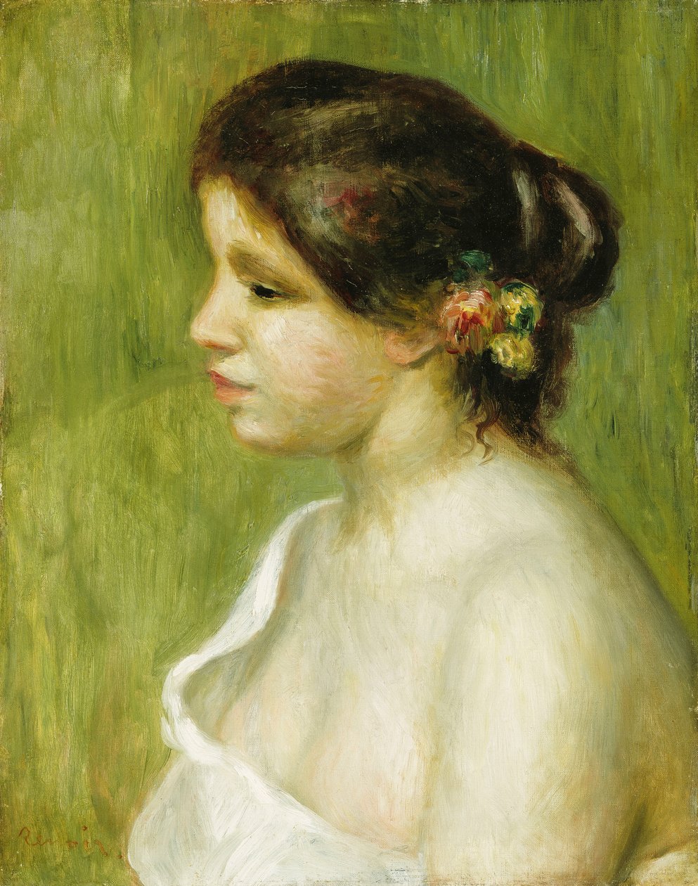 Popiersie młodej dziewczyny z kwiatami zdobiącymi jej ucho, 1898 autorstwa Pierre Auguste Renoir