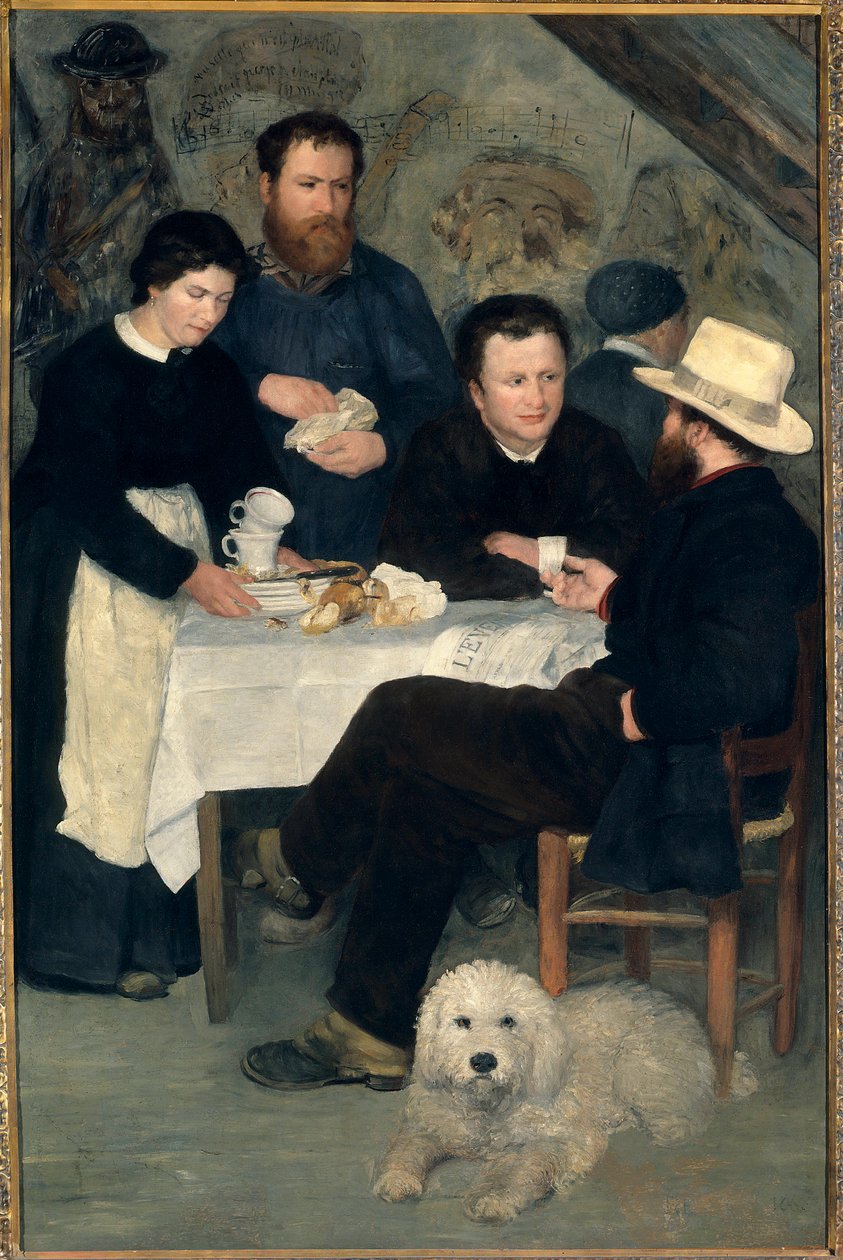 Chez la Mere Antony a Marlotte (Bourron-Marlotte (77)): Claude Monet, Alfred Sisley i Charles Le Coeur przy stole z Mere Anthonym, obraz Pierre Auguste Renoir (1841-1919) autorstwa Pierre Auguste Renoir